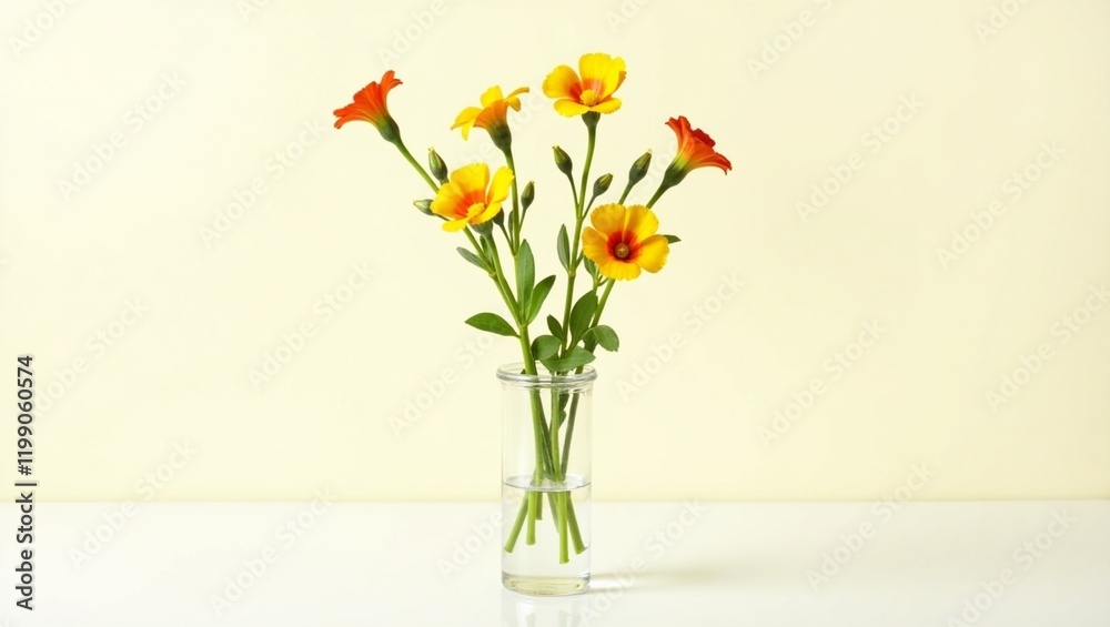 A glass vase with yellow and orange flowers against a pale yellow background. A glass vase with yellow and orange flowers against a pale yellow background.