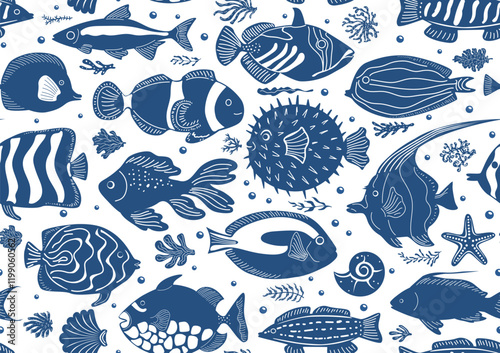 underwater sea ocean life tropical fish school in indigo blue navy and white colors seamless pattern, aquatic natical coastal marine repeat design