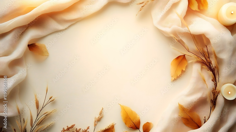 Autumnal fabric frame, leaves, grasses, candles, beige background; fall blog, website header Autumnal fabric frame, leaves, grasses, candles, beige background; fall blog, website header