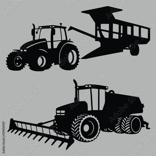 farming equipment silhouette vector design art and illustration