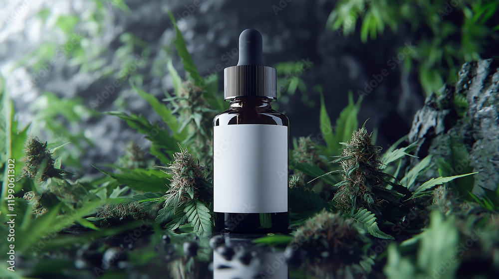 Serum dropper bottles mock up with blank label surrounded by cannabis buds, Cannabis oil Serum dropper bottles mock up with blank label surrounded by cannabis buds, Cannabis oil