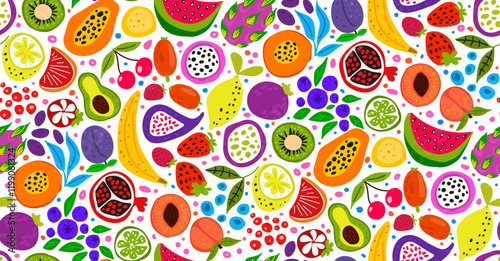 fruit salad seamless pattern- colorful bright fruits and their slices, featuring mango, watermelon, strawberry, pitaya, lemon, papaya, pomegranate, peach