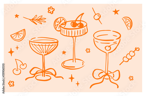 Set of wide champagne glasses with bows. Hand drawn ink vector illustration. Elements for poster, social media, banners, invitation. Trendy coquette core template.   