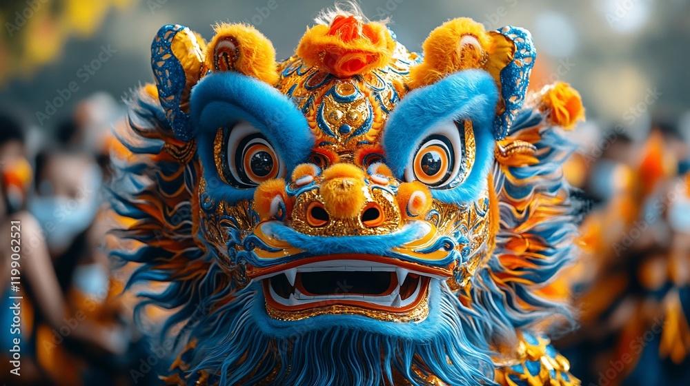 Fototapeta premium Close-up of a vibrant blue and gold lion dance costume.