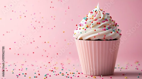 Pink cupcake with sprinkles, falling confetti, pink background, celebratory dessert