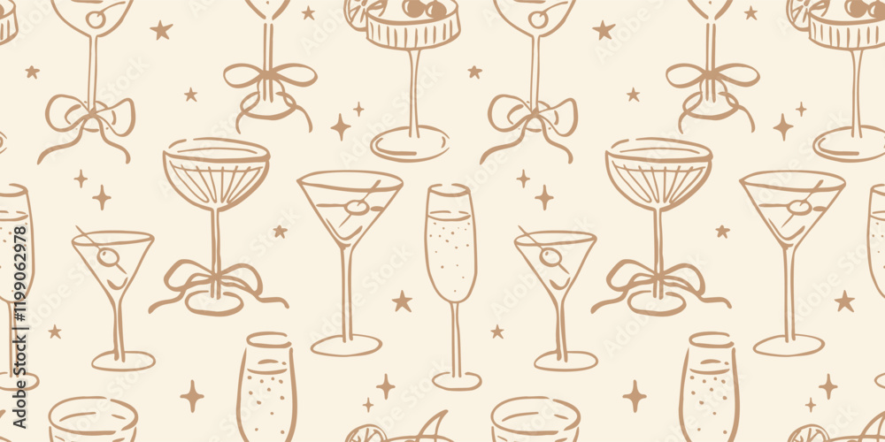 Seamless pattern with various alcohol drinks. Hand drawn ink vector illustration. Elements for poster, social media, banners, invitation. Trendy coquette core template.
