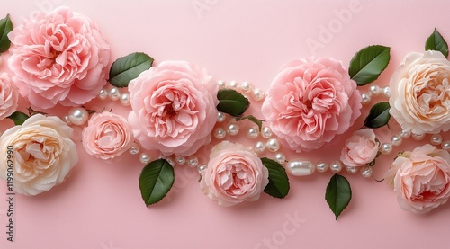 Fototapeta Naklejka Na Ścianę i Meble -  Elegant arrangement of pink roses and pearls on a soft pink background for floral decoration