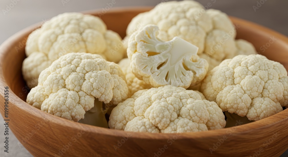 Fresh cauliflower in wooden bowl: close-up of crisp white vegetable still life Fresh cauliflower in wooden bowl: close-up of crisp white vegetable still life