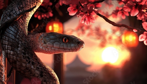 Artistic depiction of a snake in a Chinese cultural setting, with intricate designs and a temple framed by lanterns and a soft sunrise photo