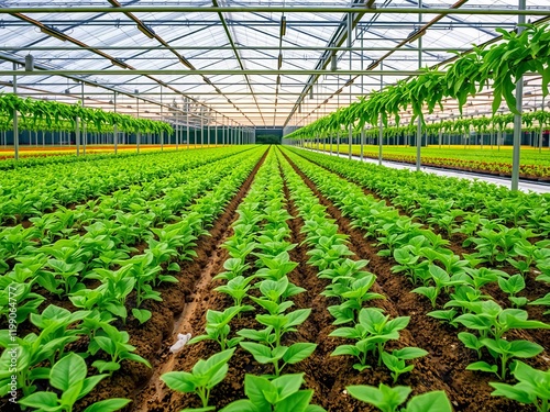 Modern greenhouse with solar panels & vibrant green seedlings illuminated at dusk, sustainable agriculture practice, illuminated, rows photo