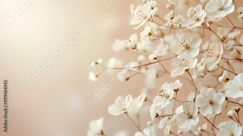 Delicate white flowers bloom, sunlit pastel background, spring floral arrangement, website header
