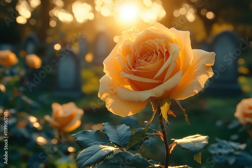 Yellow roses placed on a grave in a peaceful cemetery setting. photo