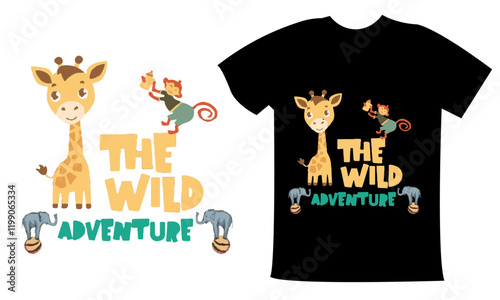 the wild adventure typography t shirt design with deer , monkey and elephant for kids  photo