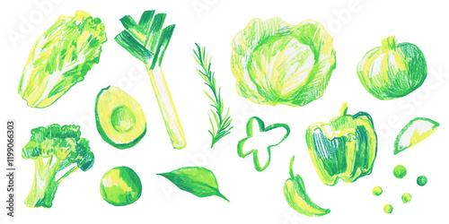 Clip art of bright green vegetables drawn with wax crayons on white isolated background. Kids food collection of oil pastel illustrations. Designs for greeting cards, stickers, social media, posters.