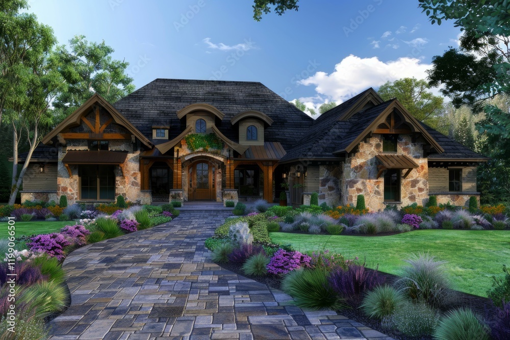 Charming house featuring a mix of stone and timber, surrounded by vibrant gardens and a paved driveway, creating an idyllic suburban setting Charming house featuring a mix of stone and timber, surrounded by vibrant gardens and a paved driveway, creating an idyllic suburban setting
