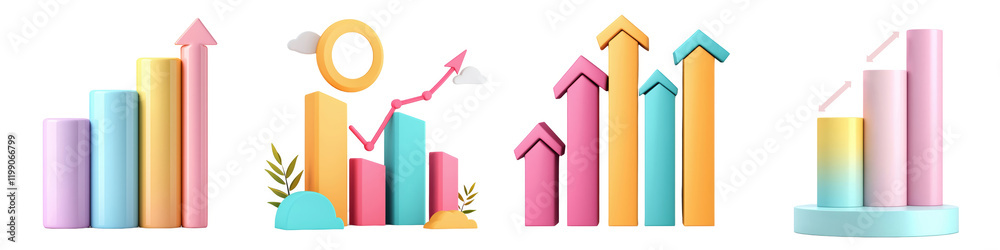 Colorful bar graphs and rising arrows symbolize growth and progress in data visualization and analytics. Colorful bar graphs and rising arrows symbolize growth and progress in data visualization and analytics.