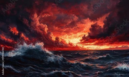 Darkening horizon with intense red sky, stormy weather, turbulent clouds, ocean storm, violent storm