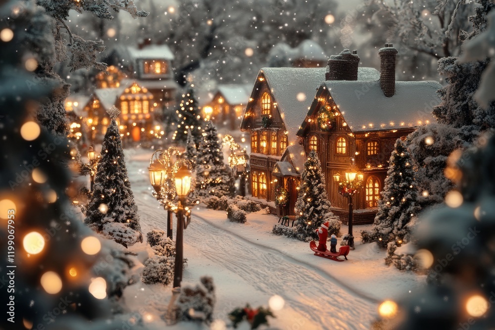 A small town scene with a Christmas tree in the center A small town scene with a Christmas tree in the center