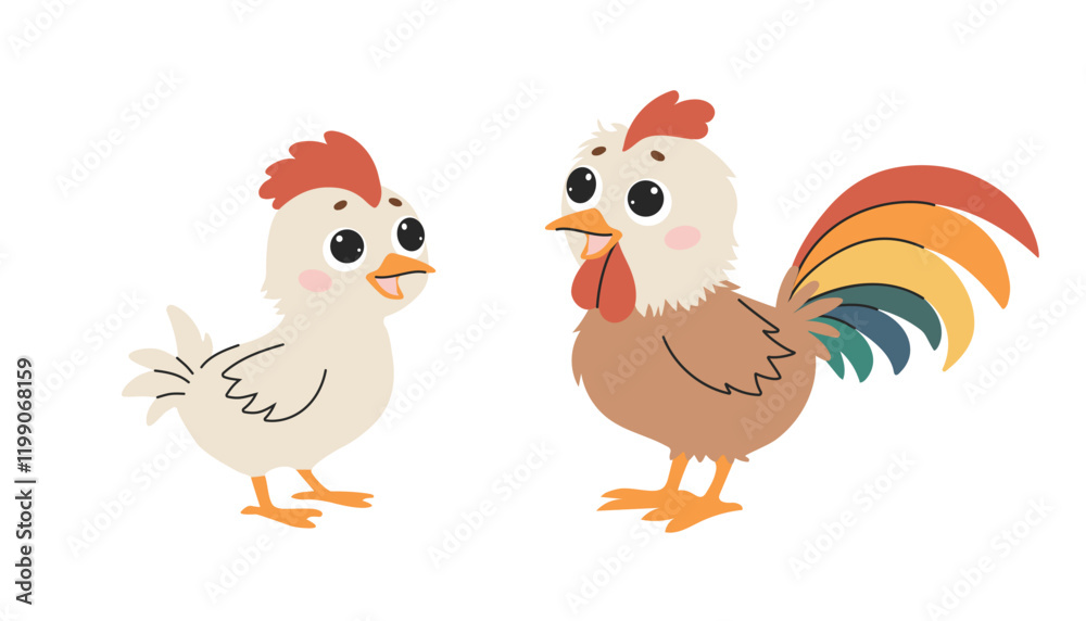 Fototapeta premium Chickens with a rooster. The village is a poultry farm. Vector illustration on a white background.