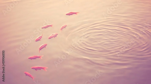 A tranquil scene of goldfish floating in calm water, with ripples and subtle wave designs glowing under warm light