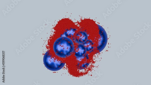 Blue brightly colored balloons violently burst through the animated heart made of small red balloons.