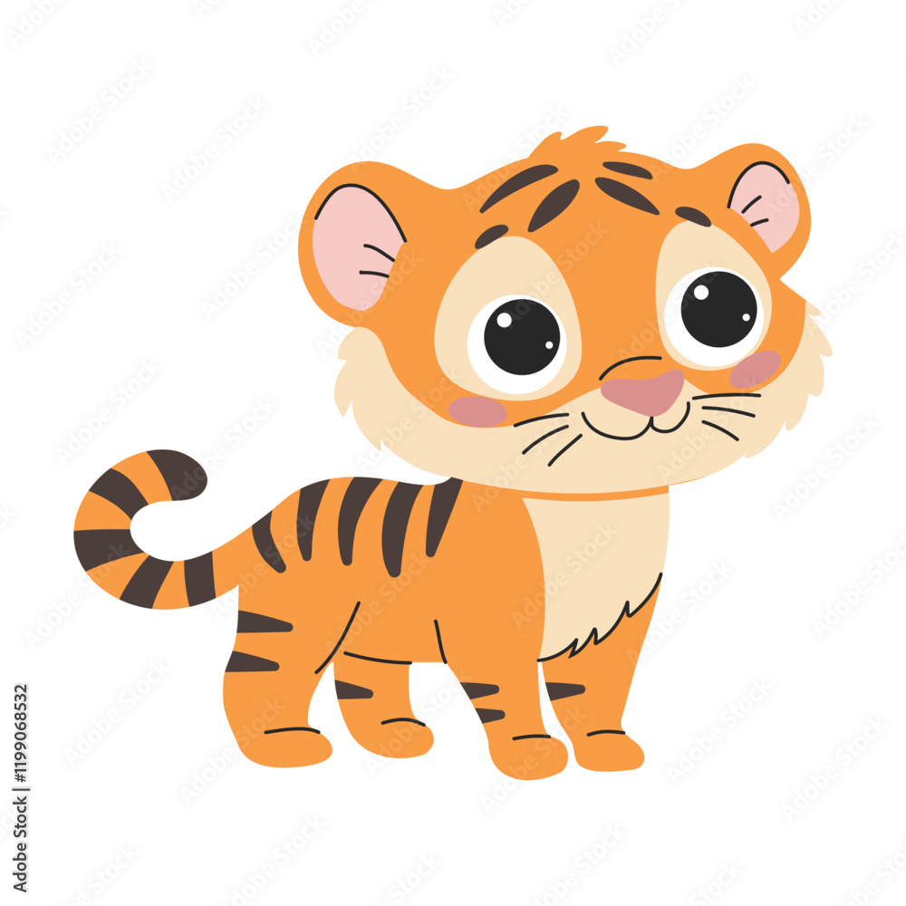 Obraz premium Cute cartoon tiger. Vector illustration isolated on a white background. For card, poster, design, greeting, stickers, room decor, t-shirt, kids apparel, invitation, book.