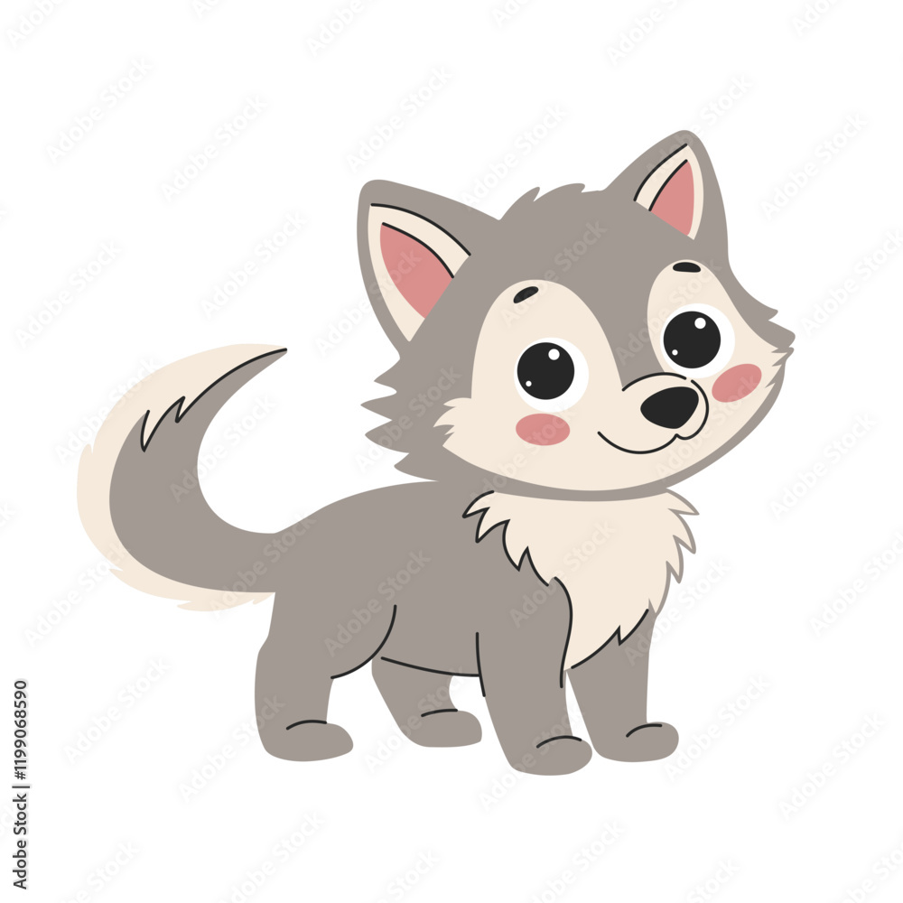 Obraz premium Flat vector illustration. Cute gray kind wolf. Children's illustration on white background Forest animal.