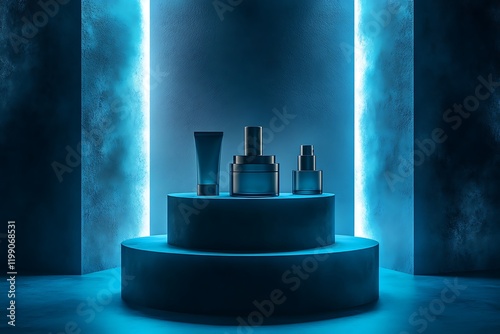 Wallpaper Mural Close-up of four natural-bristled makeup brushes.Cosmetic set cream serum lotion perfume on white 3D rendering.Set of luxury cosmetic products on light blue background. Realistic Collection Natural  Torontodigital.ca