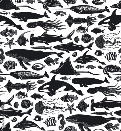 deep sea ocean mammals creatures and fish marine life nautical seamless pattern, vector illustration repeat design in black and white