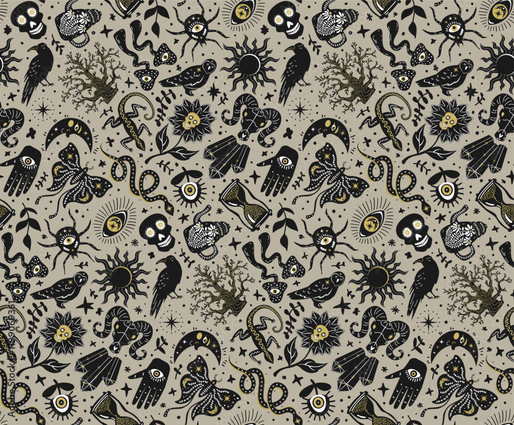 gothic witchy spooky moody halloween stuff seamless pattern, hand drawn vector illustration in greige and black gold
