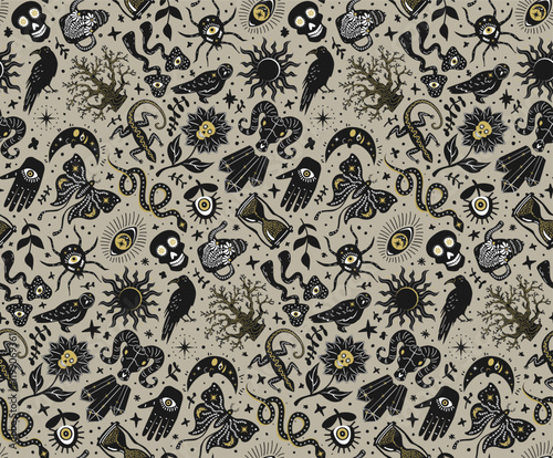 gothic witchy spooky moody halloween stuff seamless pattern, hand drawn vector illustration in greige and black gold