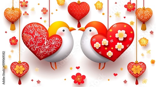 A beautiful paper-cutting design featuring a pair of lovebirds surrounded by floral motifs and auspicious elements, glowing under soft light