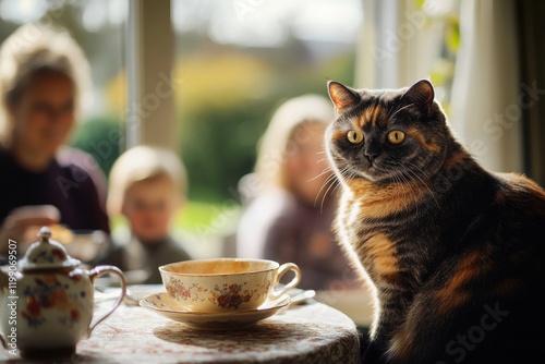 Vivid DSLR image captures a tortoiseshell cat observing tea