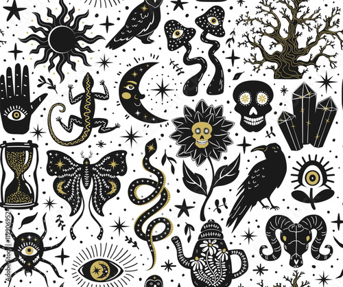 gothic witchy spooky halloween stuff seamless pattern, hand drawn vector illustration in black and white
