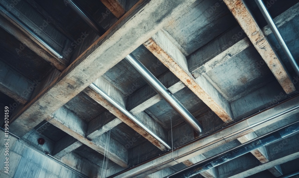 Fototapeta premium Exposed concrete beams in a dimly lit room with metal pipes, infrastructure, beams, pipes