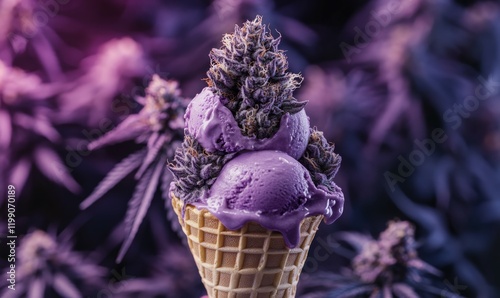 Dark purple plant with frosty gelato ice cream cone, dessert cannabis, frozen treat, cannabis cones photo