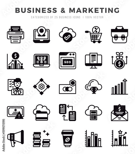 Business & Marketing Lineal Filled icons collection. 25 icon set in a Lineal Filled design.