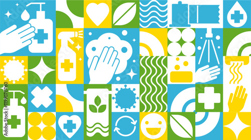 Medical Mosaic Seamless Pattern, Health and Hygiene Icons, Clean Hands, Wellness Symbols