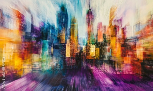 Digital Urban Chaos - Cityscape with Motion Blur and Glitch Effects Capturing the Pulse of Modern Life