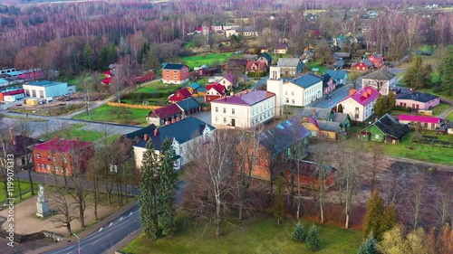 Aerial view over colourful Rujiena town architecture scenic Latvian urban townscape photo