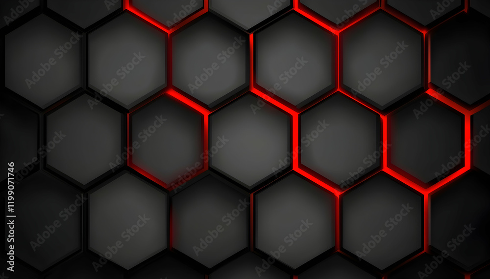Abstract hexagonal pattern background. Dark grey hexagons with vibrant red glowing edges.  Modern geometric design ideal for tech, gaming, or industrial themes.