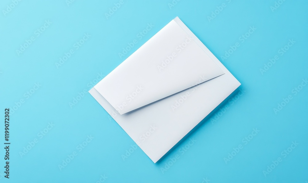 Flat lay of white paper plane and blank paper on pastel blue color background.Horizontal Flat lay of white paper plane and blank paper on pastel blue color background.Horizontal