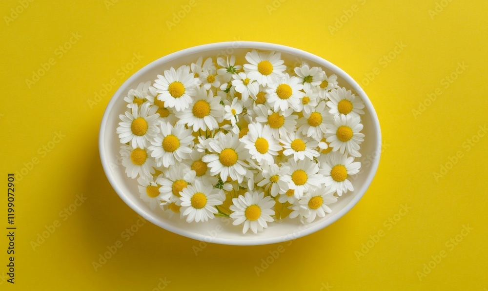 Flowers composition. Beautiful small chamomile in white round vase on yellow table. Spring and summer floral beautiful background. White daisies on yellow.