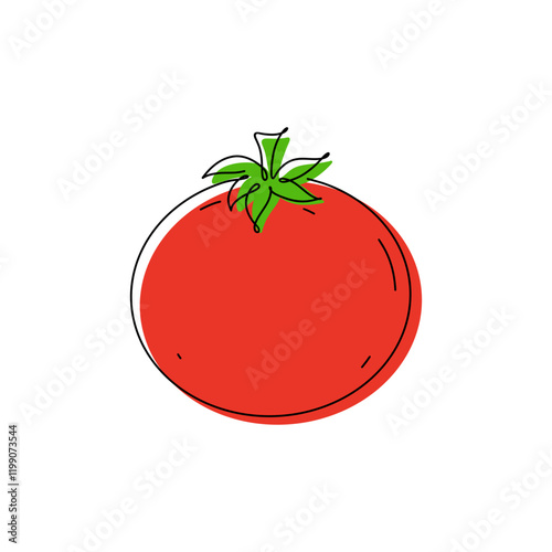 Red tomato, vegetable is hand-drawn in one continuous line, isolated on a white background, vector. The icon of raw healthy vegetarian food, decorations, decorations, labels. Ripe, juicy ingredient