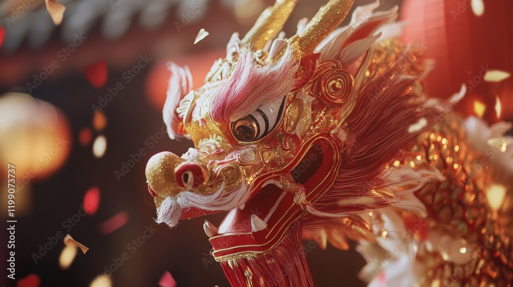A close-up of a beautiful gold and red dragon puppet used in Chinese New Year performances, surrounded by festive confetti, A close-up of a beautiful gold and red dragon puppet used in Chinese New Year performances, surrounded by festive confetti,