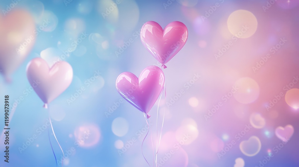Heart Balloons with Bokeh Background, Pastel Blue Pink Print Heart Balloons with Bokeh Background, Pastel Blue Pink Print