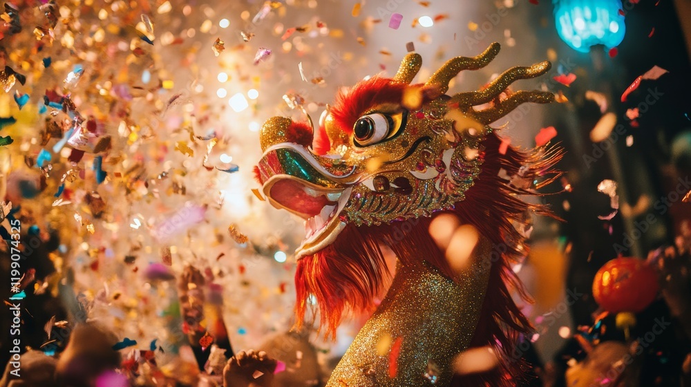 Fototapeta premium A close-up of a beautiful gold and red dragon puppet used in Chinese New Year performances, surrounded by festive confetti,