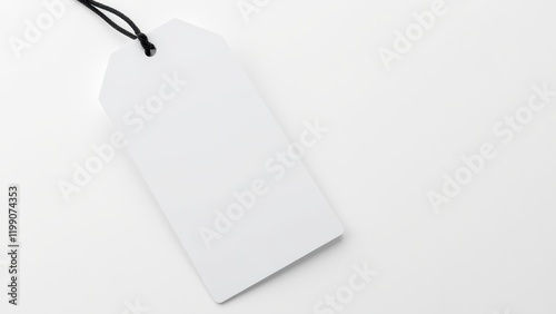 Close-up view of a pristine white price tag with a sleek black string, delicately perched on a plain white background. A subtle shadow adds depth to its simplicity