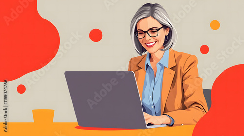 Middle age European business woman CEO using laptop application for work at table workspace in office. Smiling Latin Hispanic mature adult professional businesswoman using pc digital computer. Banner 
