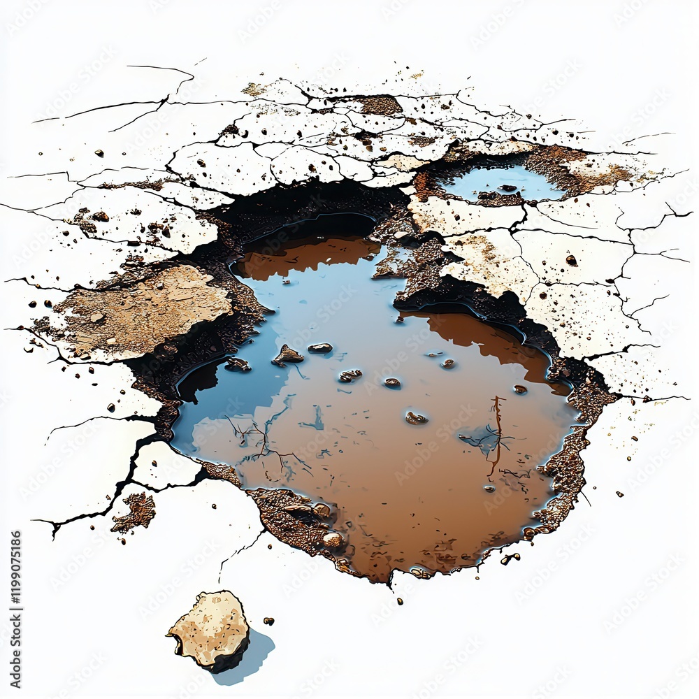 Fototapeta premium Cracked Earth Surface with Water Filled Potholes Drought Damaged Road Texture